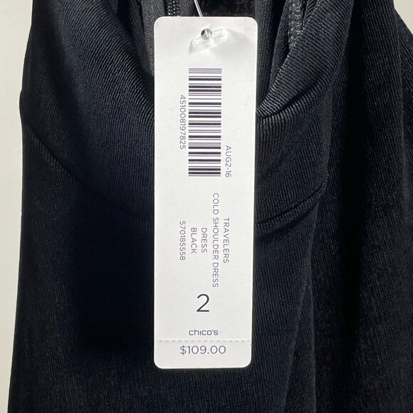 NEW Chicos Dress Womens Medium black sheath travelers open shoulder - Picture 6 of 11
